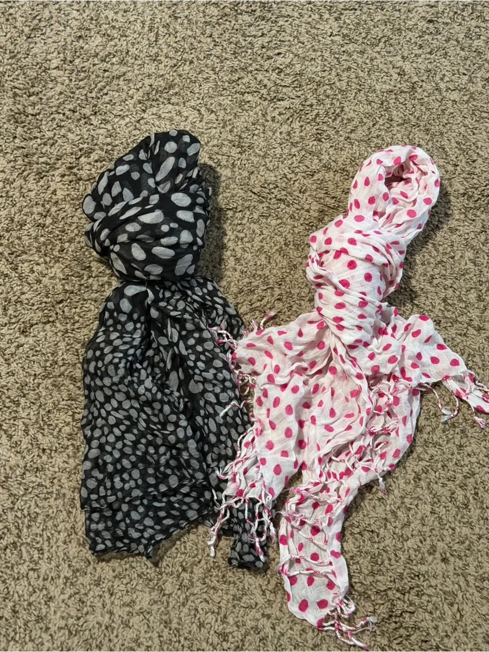Set of 2 Scarves: Black Polka Dot & White with Pink Polka Dot Scarves